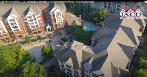 Commercial roofing job Atlanta captured by Solia Media drones. Heritage Place condominiums. Buckhead Atlanta